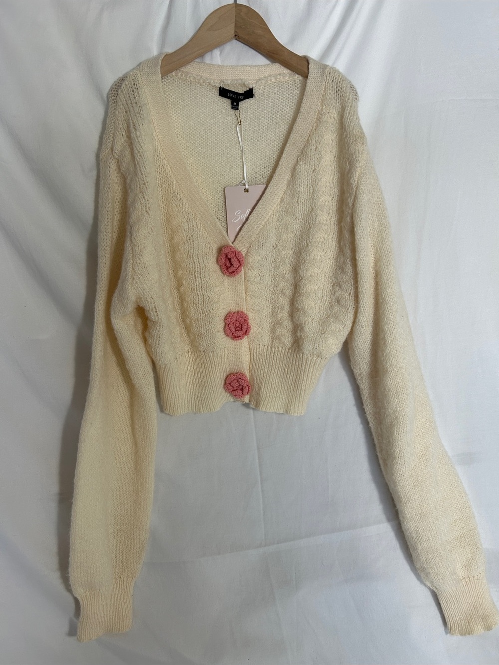 Love Tree Cream Cropped Cardigan with Pink Flower Buttons